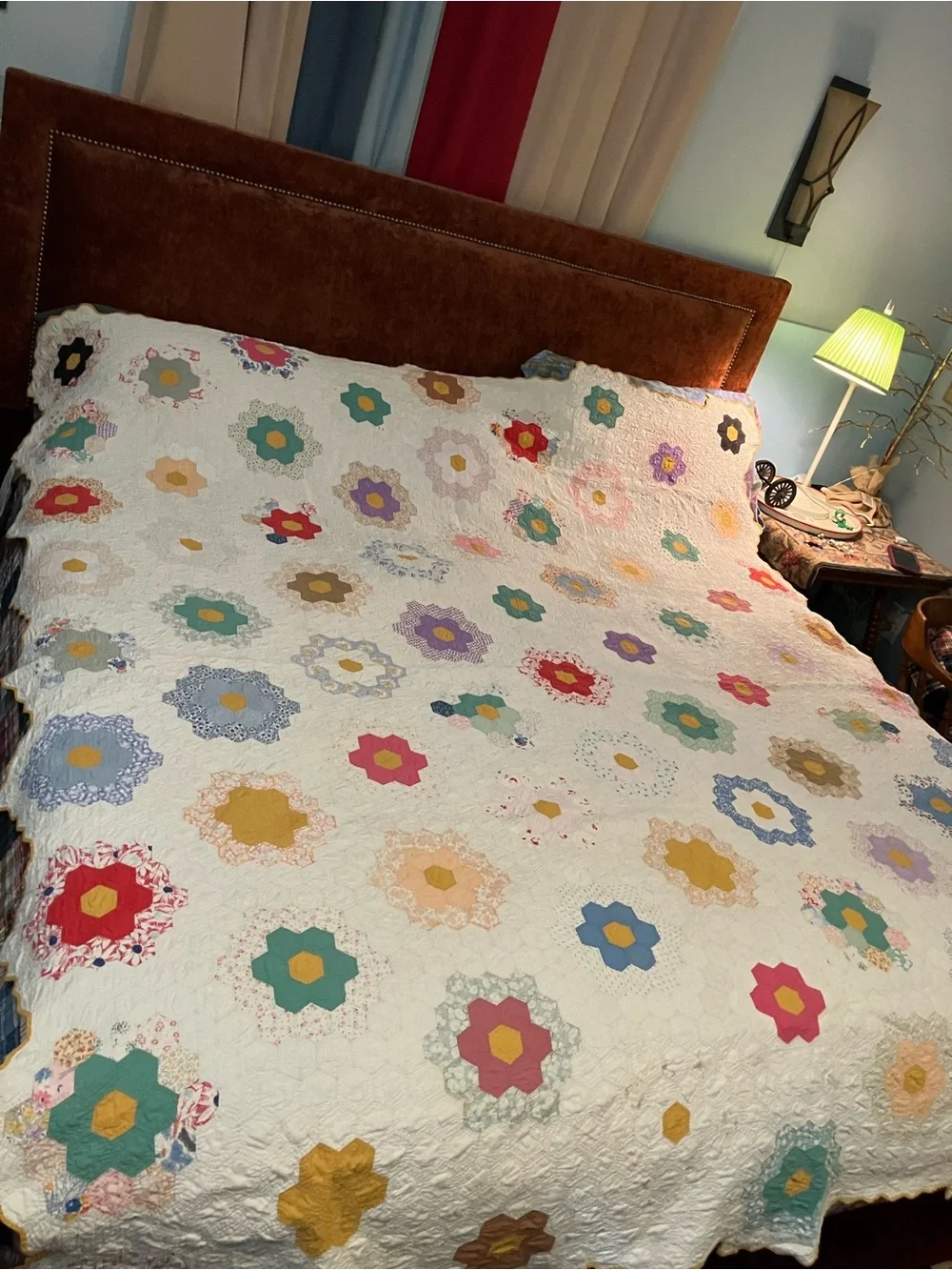 Vintage Grandmothers Flower Garden Patchwork Quilt Multicolor Flowers Queen Size